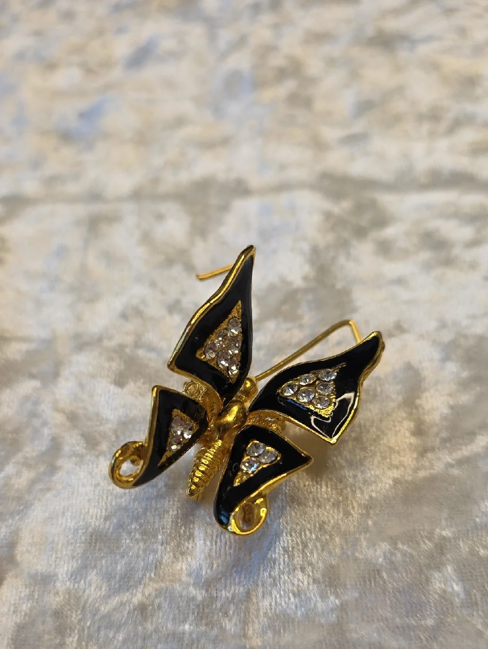Vintage Gold, Black Enamel & Crystal Whimsy Butterfly Trembler Brooch